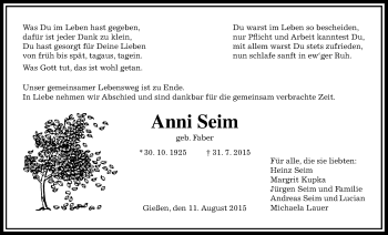 Traueranzeige von Anni Seim von Gießener Allgemeine, Alsfelder Allgemeine