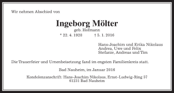 Traueranzeige von Ingeborg Mölter von Wetterauer Zeitung, Wetterauer Zeitung