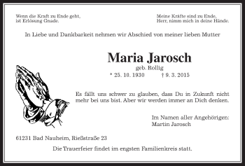 Traueranzeige von Maria Jarosch von Wetterauer Zeitung, Wetterauer Zeitung