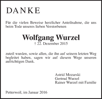 Traueranzeige von Wolfgang Wurzel von Wetterauer Zeitung, Wetterauer Zeitung