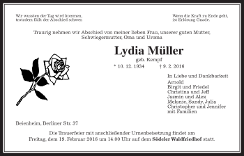 Traueranzeige von Lydia Müller von Wetterauer Zeitung, Wetterauer Zeitung