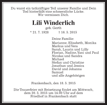 Traueranzeige von Lili Winderlich von Gießener Allgemeine, Alsfelder Allgemeine