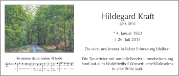 Traueranzeige von Hildegard Kraft von Gießener Allgemeine, Alsfelder Allgemeine