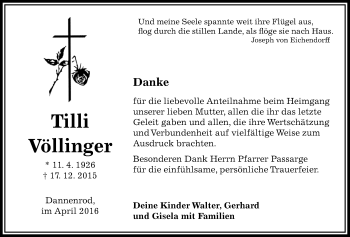 Traueranzeige von Tilli Völlinger von Alsfelder Allgemeine