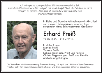 Traueranzeige von Erhard Preiß von Wetterauer Zeitung, Wetterauer Zeitung