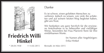 Traueranzeige von Friedrich Willi Hinkel von Wetterauer Zeitung, Wetterauer Zeitung