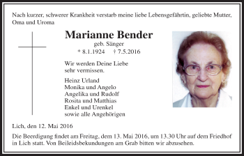 Traueranzeige von Marianne Bender von Licher Wochenblatt, Licher Wochenblatt, Licher Wochenblatt