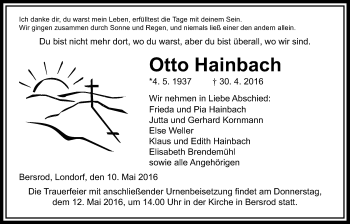 Traueranzeige von Otto Hainbach von Gießener Allgemeine, Alsfelder Allgemeine