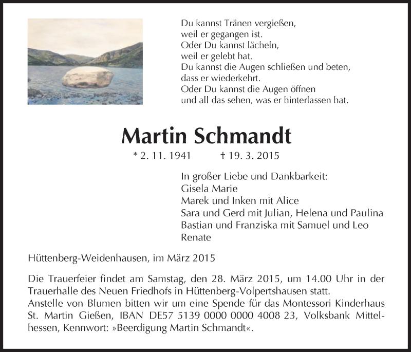  Traueranzeige für Martin Schmandt vom 25.03.2015 aus Gießener Allgemeine, Alsfelder Allgemeine
