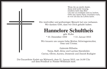 Traueranzeige von Hannelore Schultheis von Wetterauer Zeitung, Wetterauer Zeitung
