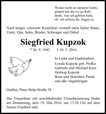 Traueranzeige von Siegfried Kupzok von Gießener Allgemeine, Alsfelder Allgemeine