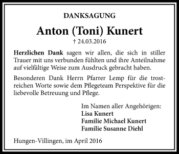 Traueranzeige von Anton Kunert von Licher Wochenblatt, Licher Wochenblatt, Licher Wochenblatt