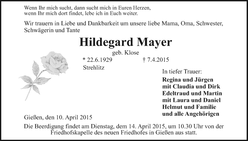  Traueranzeige für Hildegard Mayer vom 10.04.2015 aus Gießener Allgemeine, Alsfelder Allgemeine