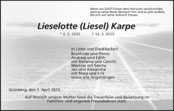 Traueranzeige von Lieselotte Karpe von Gießener Allgemeine, Alsfelder Allgemeine