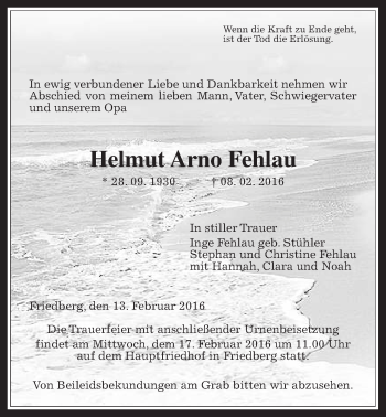 Traueranzeige von Helmut Arno Fehlau von Wetterauer Zeitung, Wetterauer Zeitung