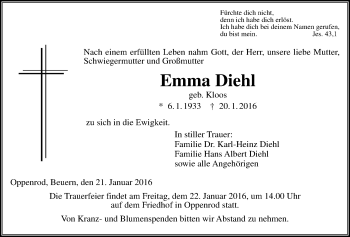 Traueranzeige von Emma Diehl von Gießener Allgemeine, Alsfelder Allgemeine