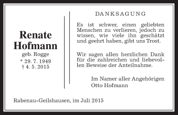 Traueranzeige von Renate Hofmann von Rabenauer Zeitung