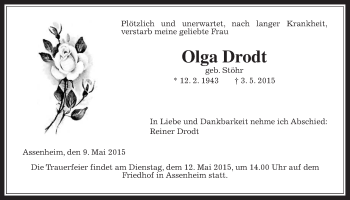 Traueranzeige von Olga Drodt von Wetterauer Zeitung, Wetterauer Zeitung