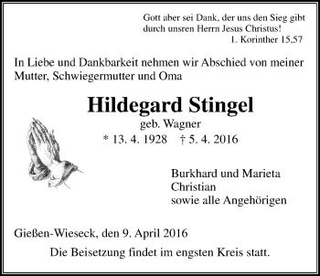 Traueranzeige von Hildegard Stingel von Gießener Allgemeine, Alsfelder Allgemeine