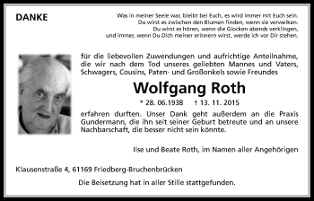Traueranzeige von Wolfgang Roth von Wetterauer Zeitung, Wetterauer Zeitung