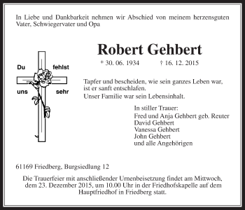Traueranzeige von Robert Gehbert von Wetterauer Zeitung, Wetterauer Zeitung
