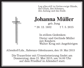 Traueranzeige von Johanna Müller von Gießener Allgemeine, Alsfelder Allgemeine