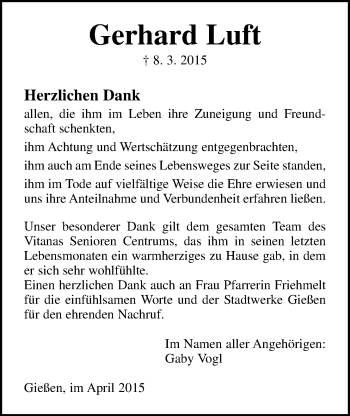 Traueranzeige von Gerhard Luft von Gießener Allgemeine, Alsfelder Allgemeine