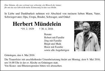 Traueranzeige von Herbert Mündelein von Gießener Allgemeine, Alsfelder Allgemeine