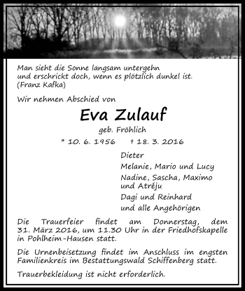 Traueranzeige von Eva Zulauf von Licher Wochenblatt, Licher Wochenblatt, Licher Wochenblatt