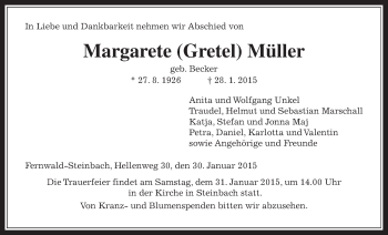 Traueranzeige von Margarete Müller von Gießener Allgemeine, Alsfelder Allgemeine