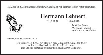 Traueranzeige von Hermann Lehnert von Gießener Allgemeine, Alsfelder Allgemeine