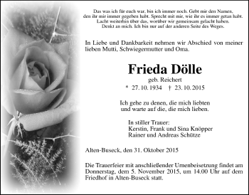 Traueranzeige von Frieda Dölle von Gießener Allgemeine, Alsfelder Allgemeine