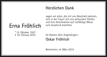Traueranzeige von Erna Fröhlich von Wetterauer Zeitung, Wetterauer Zeitung