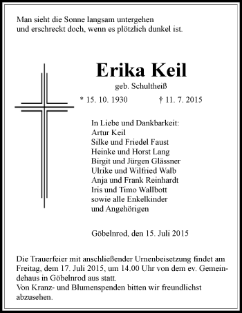 Traueranzeige von Erika Keil von Gießener Allgemeine, Alsfelder Allgemeine