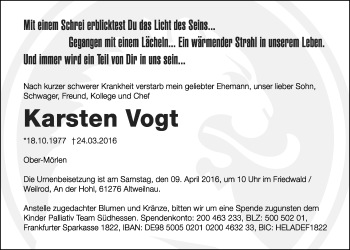 Traueranzeige von Karsten Vogt von Wetterauer Zeitung, Wetterauer Zeitung