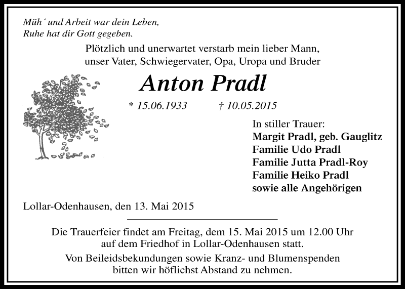  Traueranzeige für Anton Pradl vom 13.05.2015 aus Gießener Allgemeine, Alsfelder Allgemeine