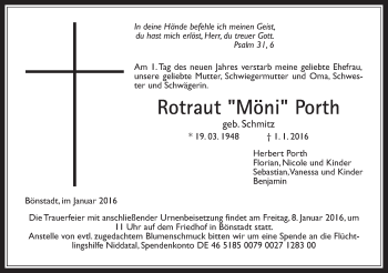 Traueranzeige von Rotraut Porth von Wetterauer Zeitung, Wetterauer Zeitung