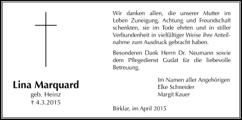 Traueranzeige von Lina Marquard von Licher Wochenblatt, Licher Wochenblatt, Licher Wochenblatt