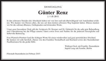 Traueranzeige von Günter Renz von Wetterauer Zeitung, Wetterauer Zeitung