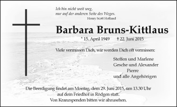 Traueranzeige von Barbara Bruns-Kittlaus von Wetterauer Zeitung, Wetterauer Zeitung