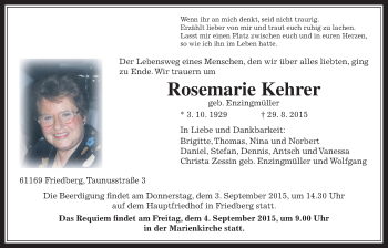Traueranzeige von Rosemarie Kehrer von Wetterauer Zeitung, Wetterauer Zeitung