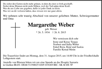 Traueranzeige von Margarethe Weber von Gießener Allgemeine, Alsfelder Allgemeine