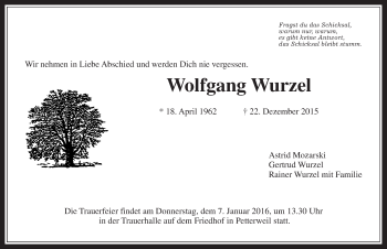 Traueranzeige von Wolfgang Wurzel von Wetterauer Zeitung