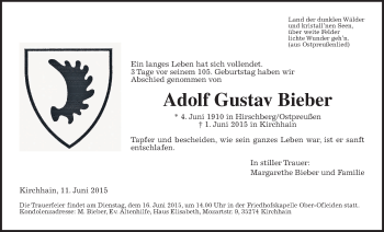 Traueranzeige von Adolf Gustav Bieber von Gießener Allgemeine, Alsfelder Allgemeine