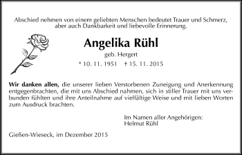 Traueranzeige von Angelika Rühl von Gießener Allgemeine, Alsfelder Allgemeine
