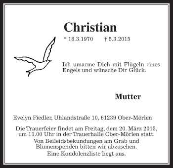 Traueranzeige von Christian Fiedler von Wetterauer Zeitung, Wetterauer Zeitung