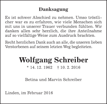 Traueranzeige von Wolfgang Schreiber von Gießener Allgemeine, Alsfelder Allgemeine