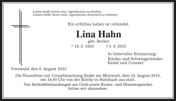 Traueranzeige von Lina Hahn von Gießener Allgemeine, Alsfelder Allgemeine