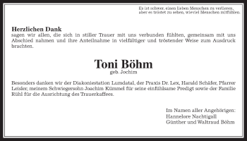 Traueranzeige von Toni Böhm von Rabenauer Zeitung