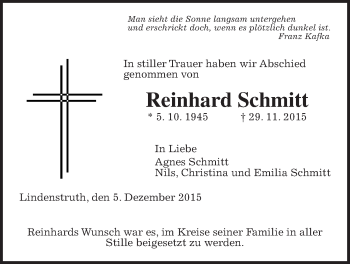 Traueranzeige von Reinhard Schmitt von Gießener Allgemeine, Alsfelder Allgemeine